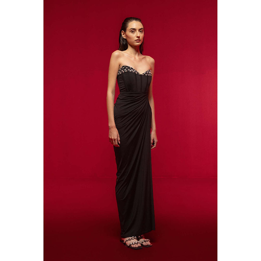 SOTBELLA Black Embellished Strapless Dress with Slit
