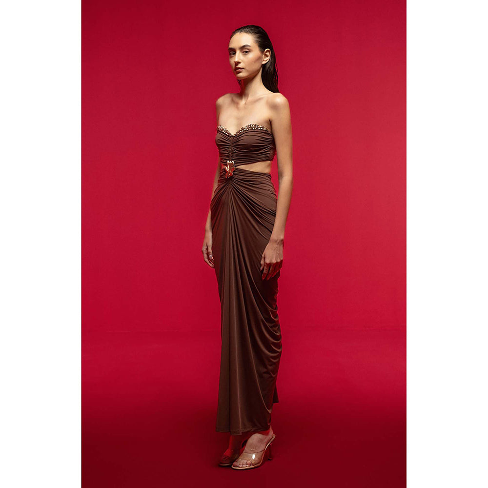 SOTBELLA Draped Brown Dress with Side Cut-Outs