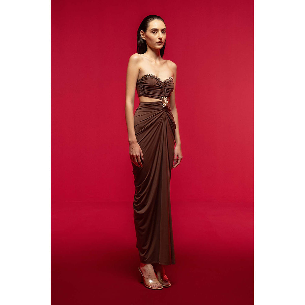 SOTBELLA Draped Brown Dress with Side Cut-Outs