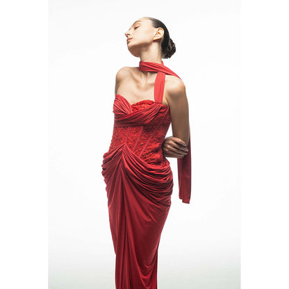 SOTBELLA Red Draped Dress with Neck Wrap