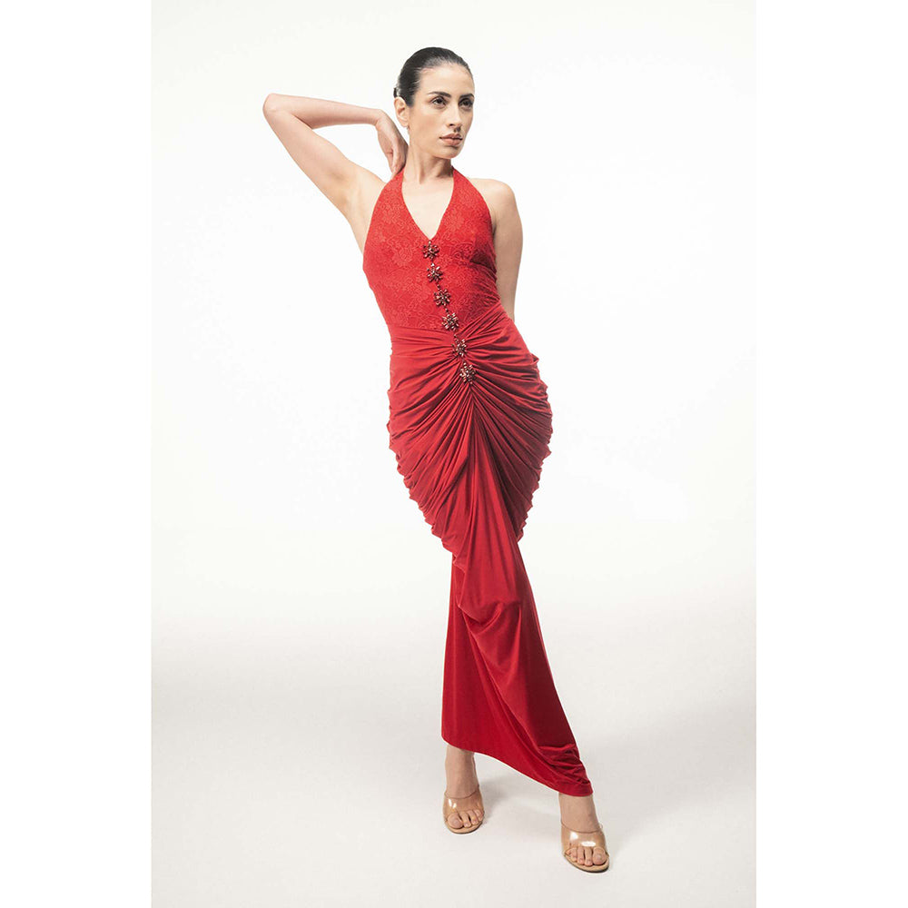 SOTBELLA Red Halter Neck Draped Dress