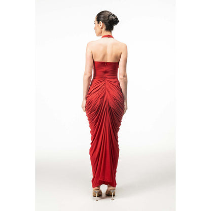 SOTBELLA Red Halter Neck Draped Dress