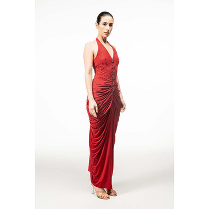 SOTBELLA Red Halter Neck Draped Dress