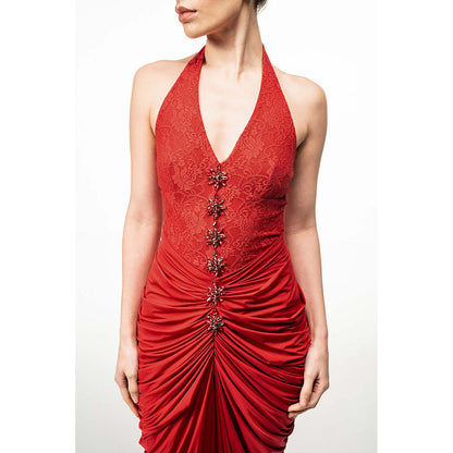 SOTBELLA Red Halter Neck Draped Dress