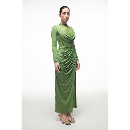 SOTBELLA Green Lace Panel Draped Dress