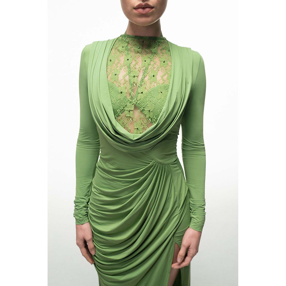 SOTBELLA Green Lace Panel Draped Dress