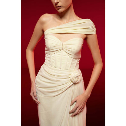 SOTBELLA Ivory One-Shoulder Draped Dress