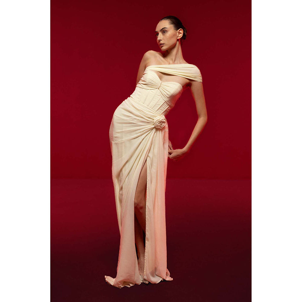 SOTBELLA Ivory One-Shoulder Draped Dress