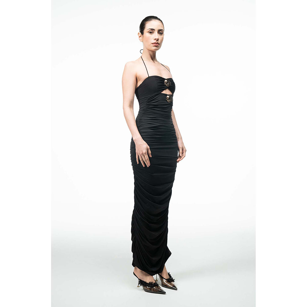 SOTBELLA Black Cut-Out Halter Dress with Metal Trim