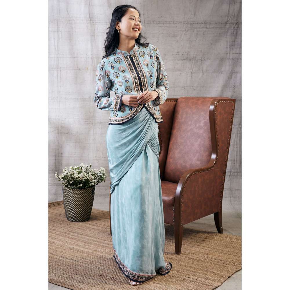 Soup by Sougat Paul Sarouk Printed Drape Skirt Embroidered Top (Set of 2)