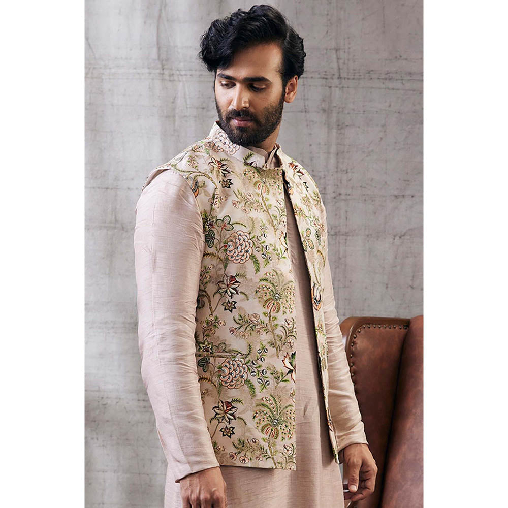 Soup by Sougat Paul Mehr Beige Printed Bundi with Kurta (Set of 3)