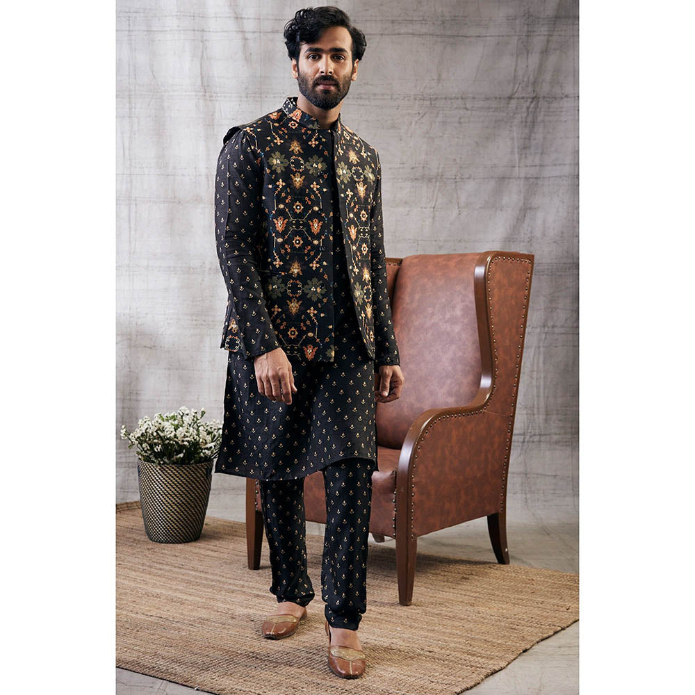 Soup by Sougat Paul Zahra Black Printed Bundi with Kurta (Set of 3)