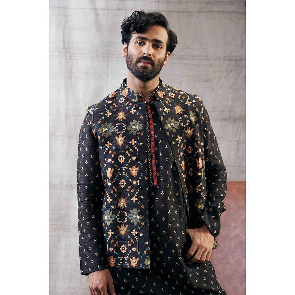 Soup by Sougat Paul Zahra Black Printed Bundi with Kurta (Set of 3)