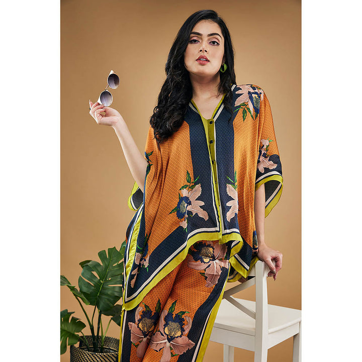 Soup by Sougat Paul Orange Orchid Bloom Printed Kimono Shirt with Palazzo (Set of 2)