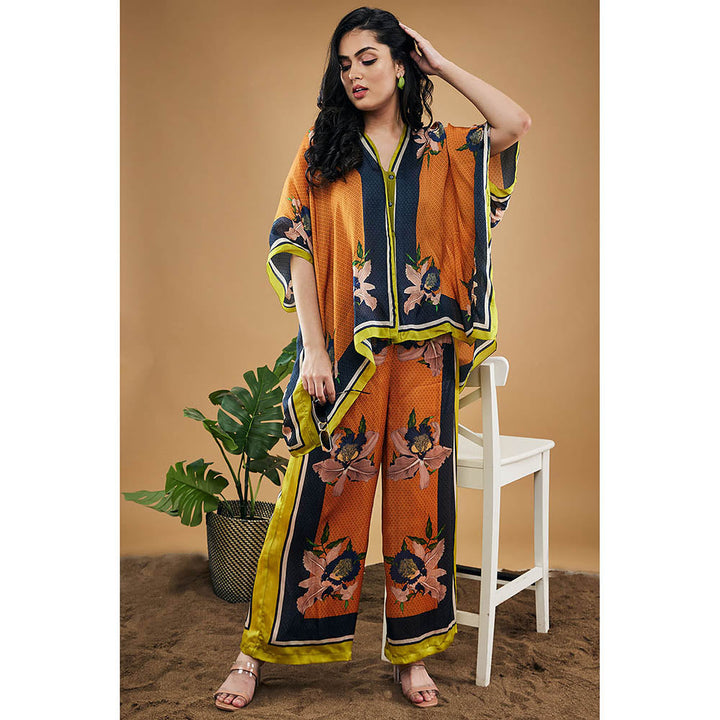 Soup by Sougat Paul Orange Orchid Bloom Printed Kimono Shirt with Palazzo (Set of 2)