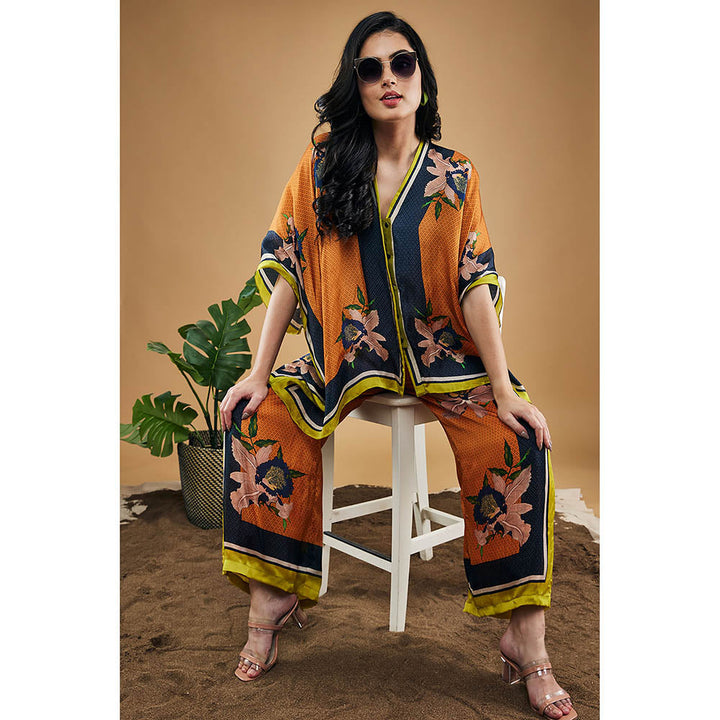 Soup by Sougat Paul Orange Orchid Bloom Printed Kimono Shirt with Palazzo (Set of 2)