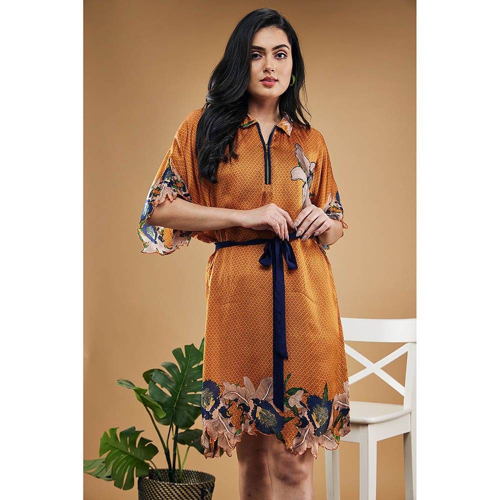 Soup by Sougat Paul Orange Orchid Bloom Printed Kimono Dress with Belt (Set of 2)