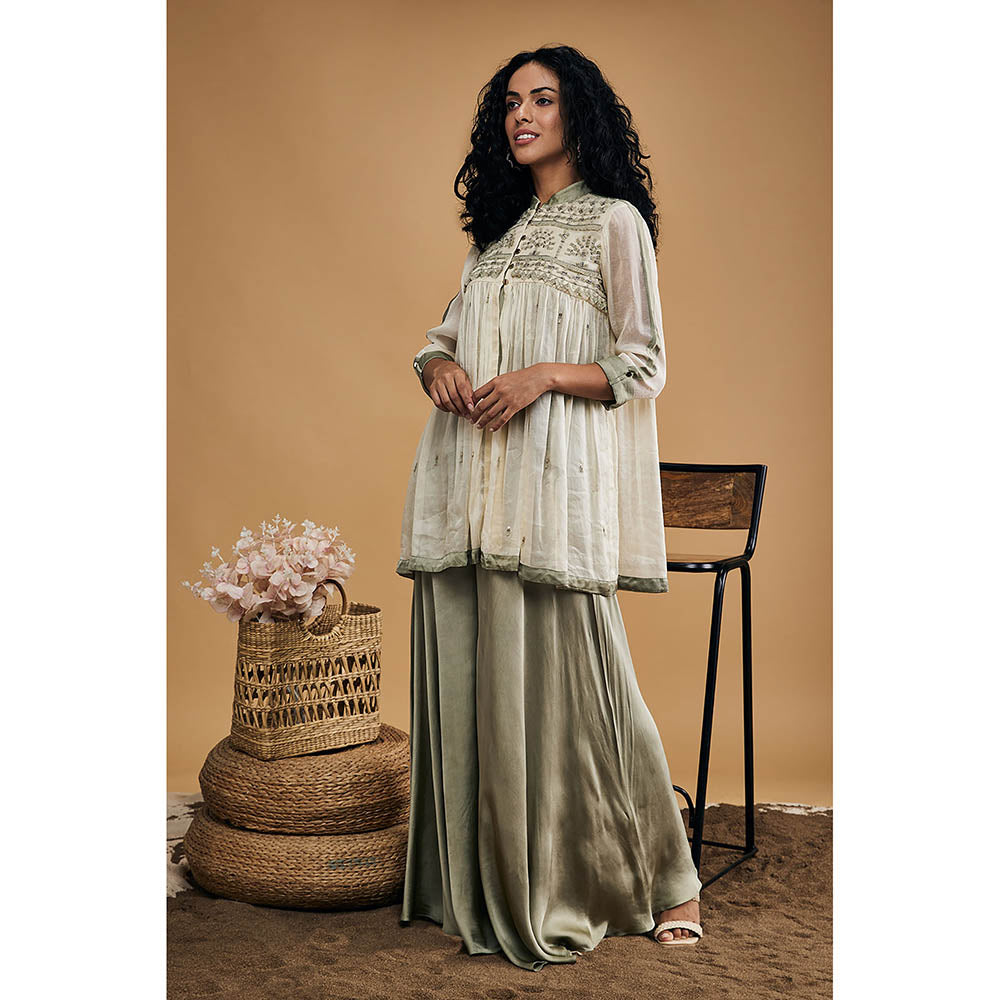 Soup by Sougat Paul Grey Azra Embellished Top with Flared Pants (Set of 2)