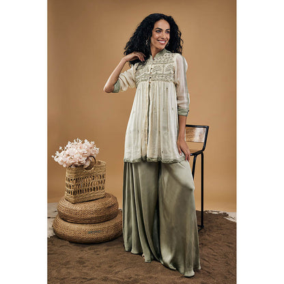 Soup by Sougat Paul Grey Azra Embellished Top with Flared Pants (Set of 2)