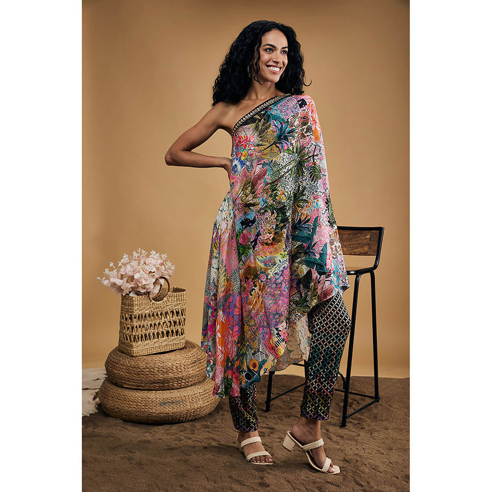 Soup by Sougat Paul Tropical Twilight Printed One-Shoulder Kurta with Pants (Set of 2)