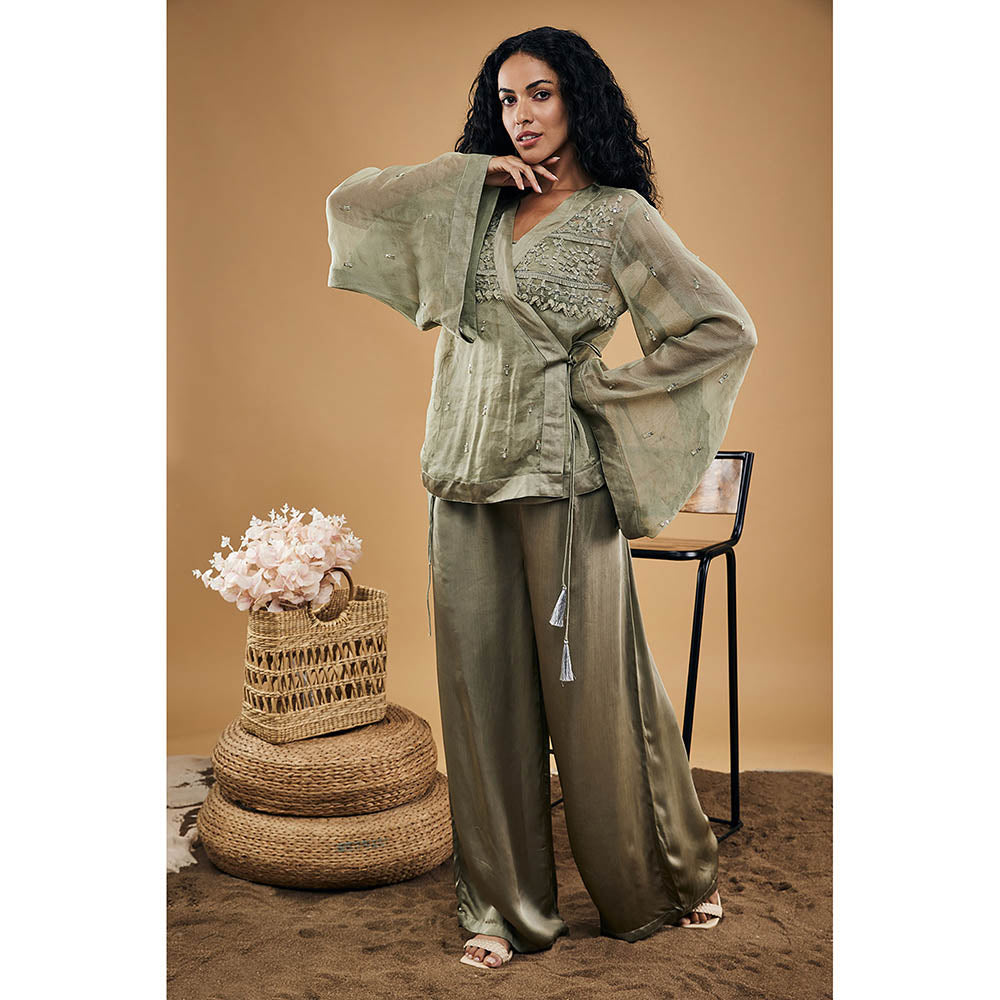 Soup by Sougat Paul Azra Embellished Overlaped Top with Pants & Slip (Set of 3)