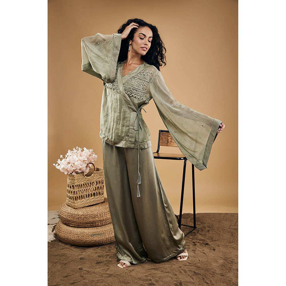 Soup by Sougat Paul Azra Embellished Overlaped Top with Pants & Slip (Set of 3)