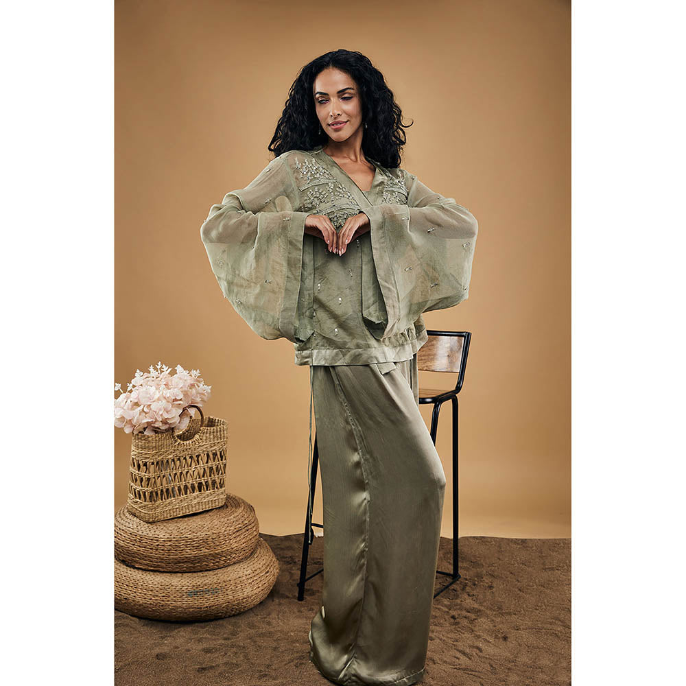 Soup by Sougat Paul Azra Embellished Overlaped Top with Pants & Slip (Set of 3)