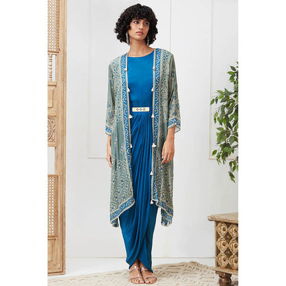 Soup by Sougat Paul Bandej Blue Printed Maxi Dress with Jacket (Set of 2)