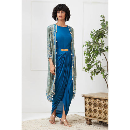 Soup by Sougat Paul Bandej Blue Printed Maxi Dress with Jacket (Set of 2)