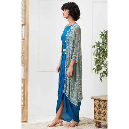 Soup by Sougat Paul Bandej Blue Printed Maxi Dress with Jacket (Set of 2)