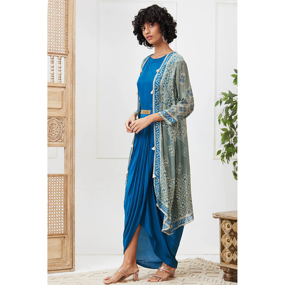 Soup by Sougat Paul Bandej Blue Printed Maxi Dress with Jacket (Set of 2)