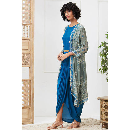 Soup by Sougat Paul Bandej Blue Printed Maxi Dress with Jacket (Set of 2)