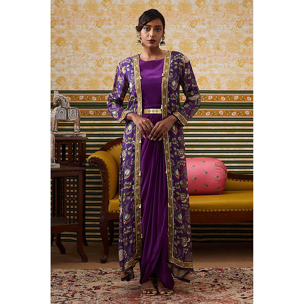 Soup by Sougat Paul Mehr Purple Floral Maxi Dress with Jacket (Set of 2)