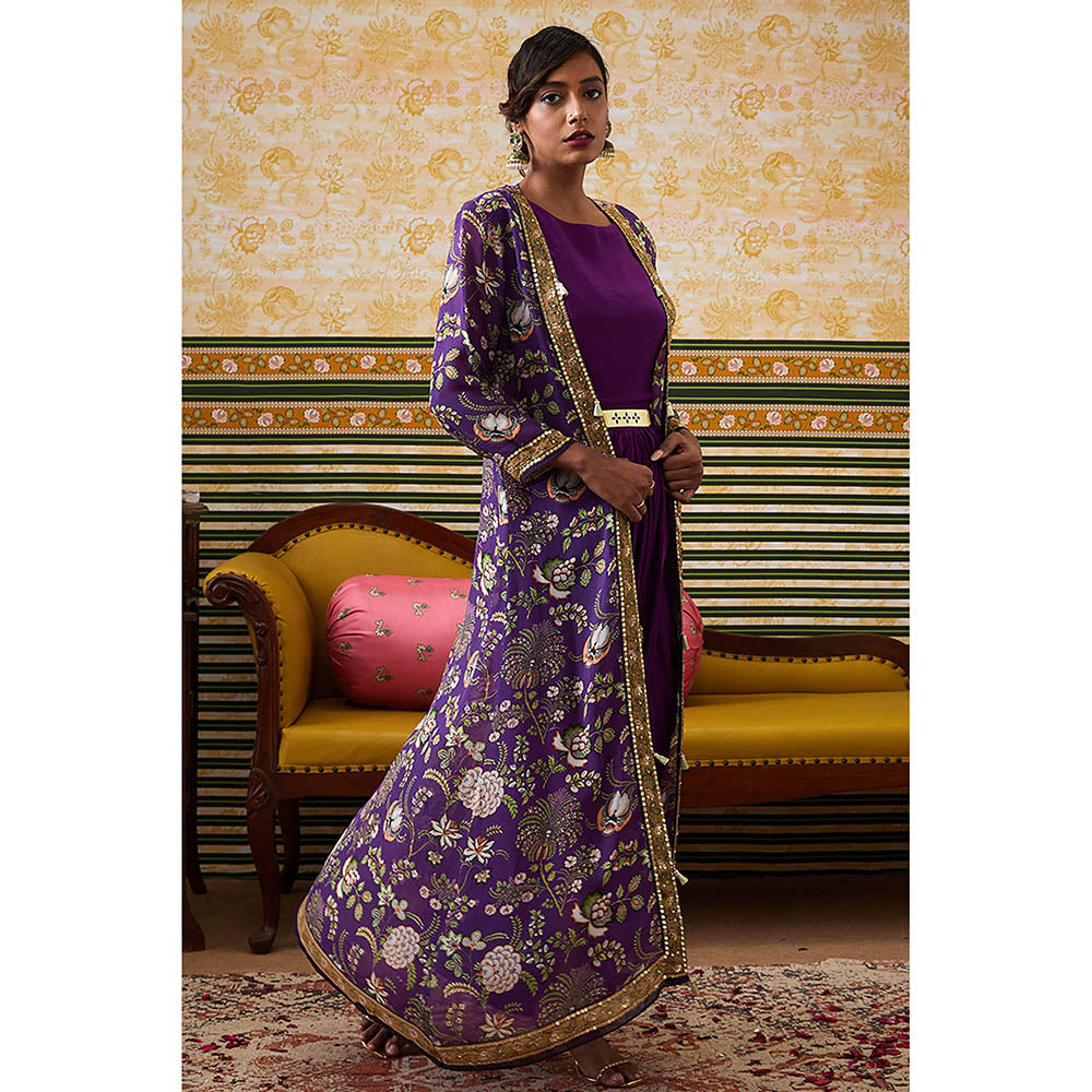 Soup by Sougat Paul Mehr Purple Floral Maxi Dress with Jacket (Set of 2)