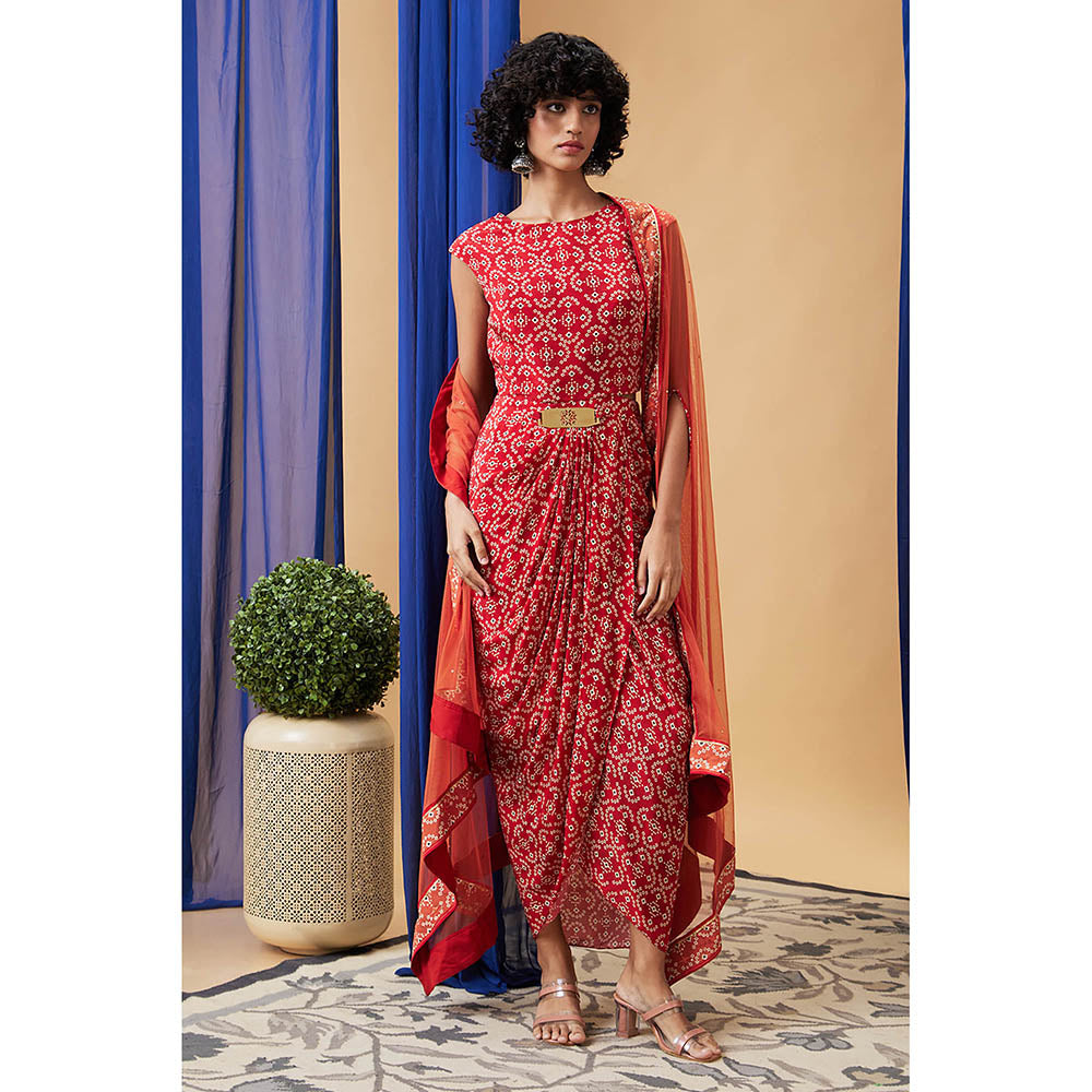 Soup by Sougat Paul Bandej Red Printed Maxi Dress with Cape (Set of 2)