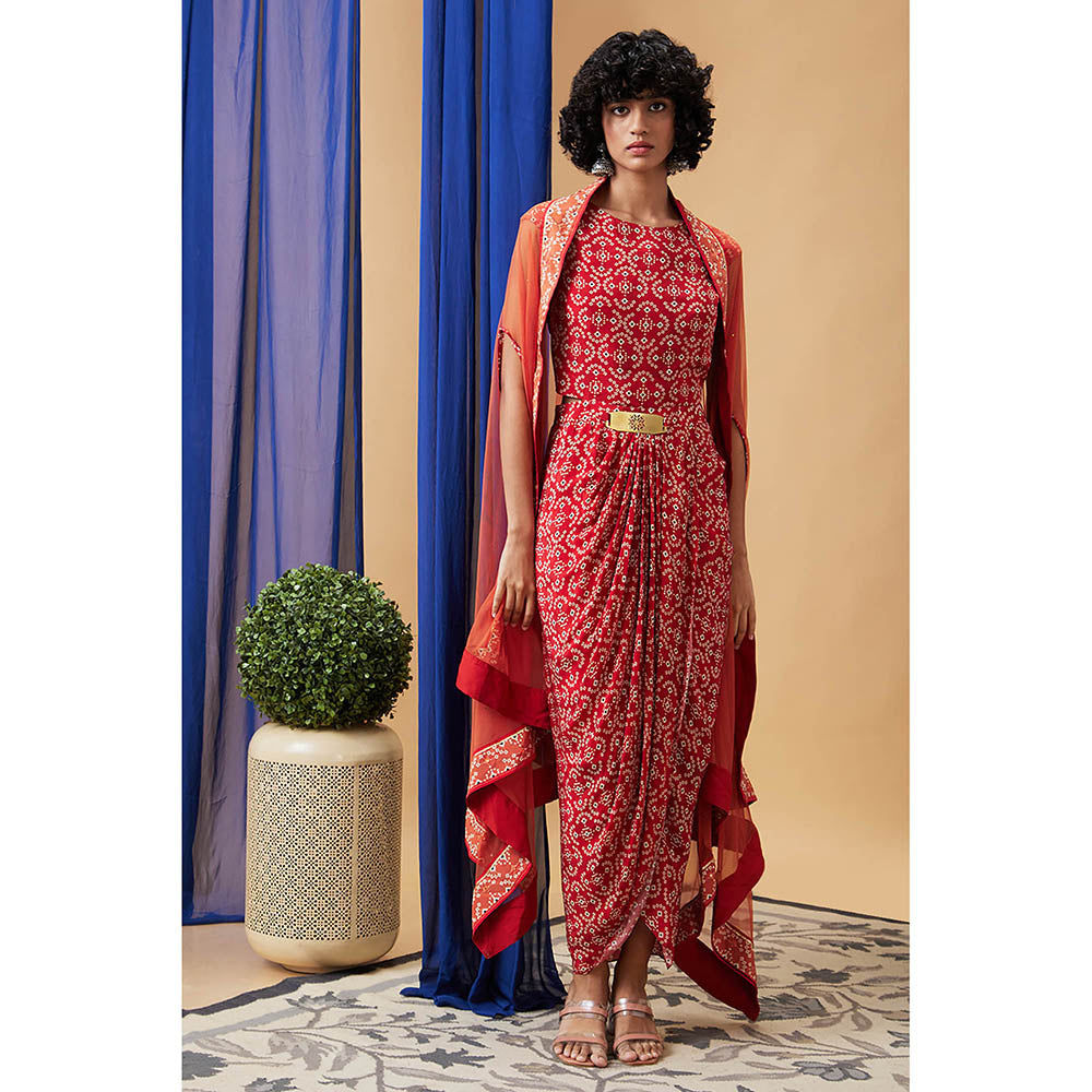 Soup by Sougat Paul Bandej Red Printed Maxi Dress with Cape (Set of 2)