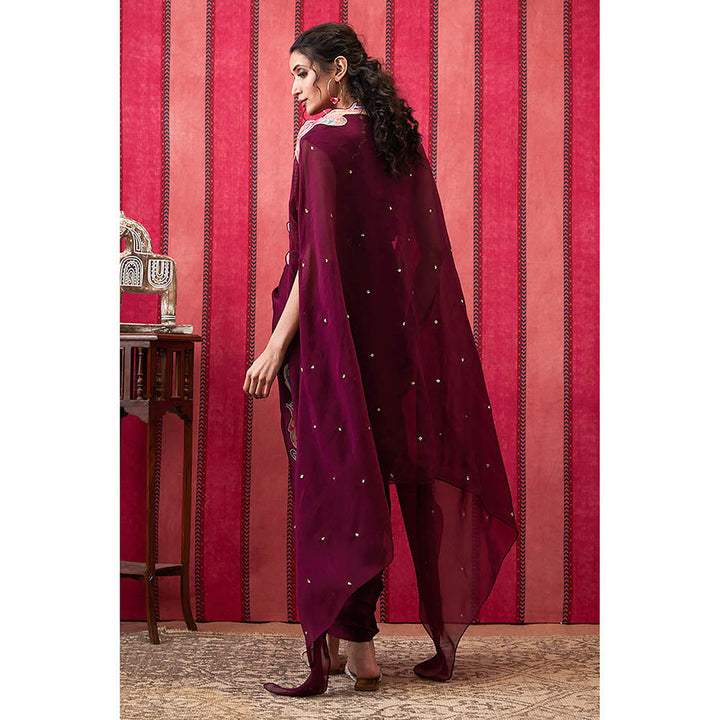 Soup by Sougat Paul Qala Wine Paisley Maxi Dress with Cape (Set of 2)