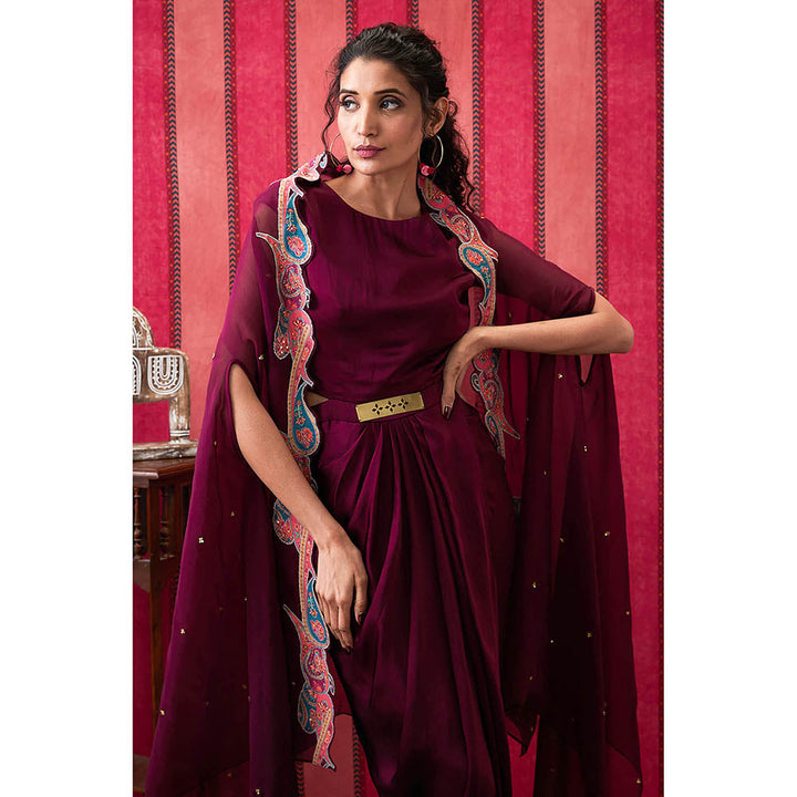 Soup by Sougat Paul Qala Wine Paisley Maxi Dress with Cape (Set of 2)