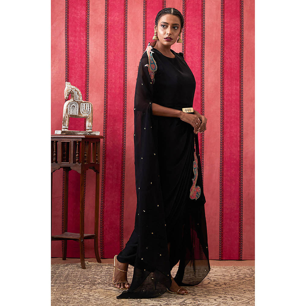 Soup by Sougat Paul Qala Black Paisley Maxi Dress with Cape (Set of 2)