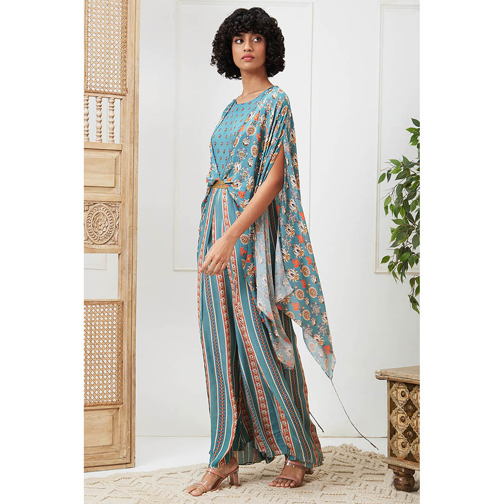 Soup by Sougat Paul Tabriz Turquoise Floral Jumpsuit with Belt (Set of 2)