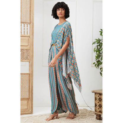 Soup by Sougat Paul Tabriz Turquoise Floral Jumpsuit with Belt (Set of 2)