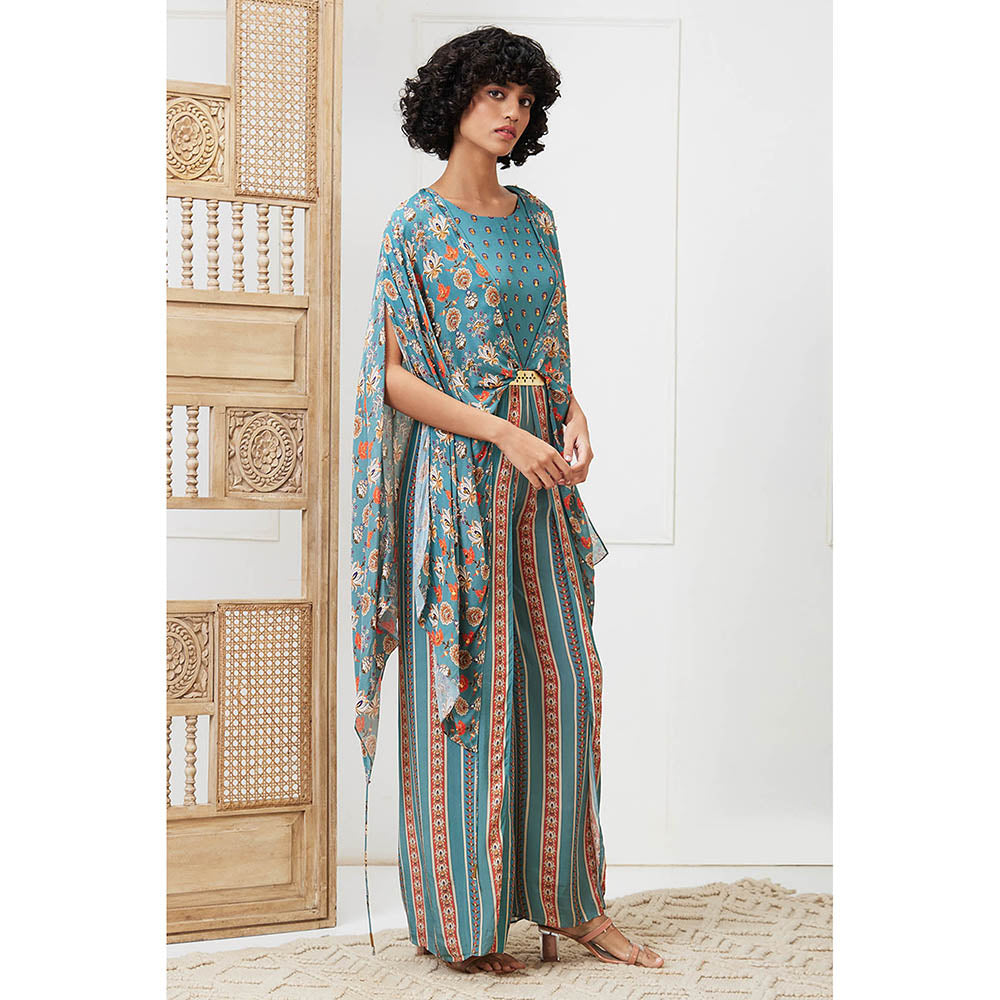 Soup by Sougat Paul Tabriz Turquoise Floral Jumpsuit with Belt (Set of 2)