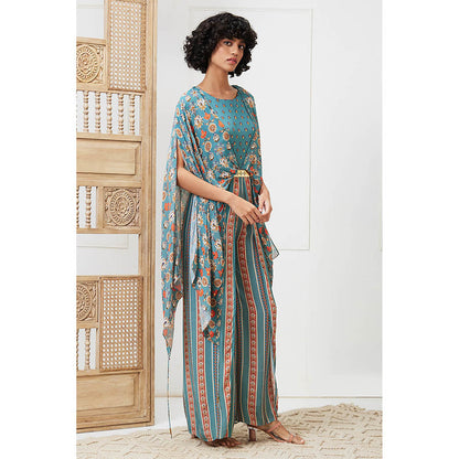Soup by Sougat Paul Tabriz Turquoise Floral Jumpsuit with Belt (Set of 2)