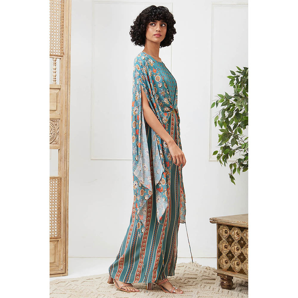 Soup by Sougat Paul Tabriz Turquoise Floral Jumpsuit with Belt (Set of 2)