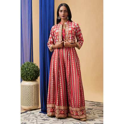 Soup by Sougat Paul Tabriz Red Floral Crop Top with Skirt and Jacket (Set of 3)