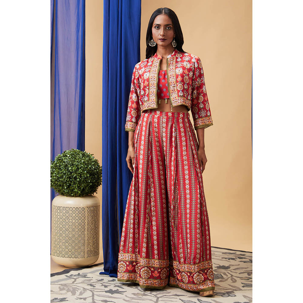 Soup by Sougat Paul Tabriz Red Floral Crop Top with Skirt and Jacket (Set of 3)