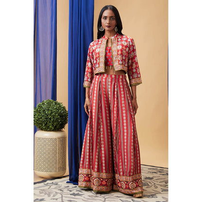 Soup by Sougat Paul Tabriz Red Floral Crop Top with Skirt and Jacket (Set of 3)