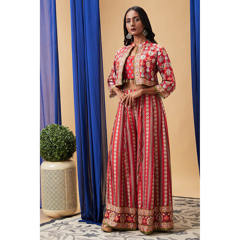 Soup by Sougat Paul Tabriz Red Floral Crop Top with Skirt and Jacket (Set of 3)