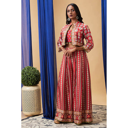 Soup by Sougat Paul Tabriz Red Floral Crop Top with Skirt and Jacket (Set of 3)