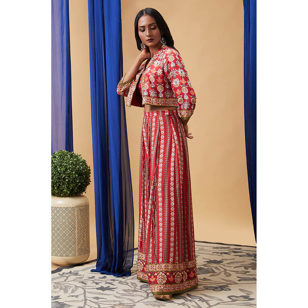 Soup by Sougat Paul Tabriz Red Floral Crop Top with Skirt and Jacket (Set of 3)
